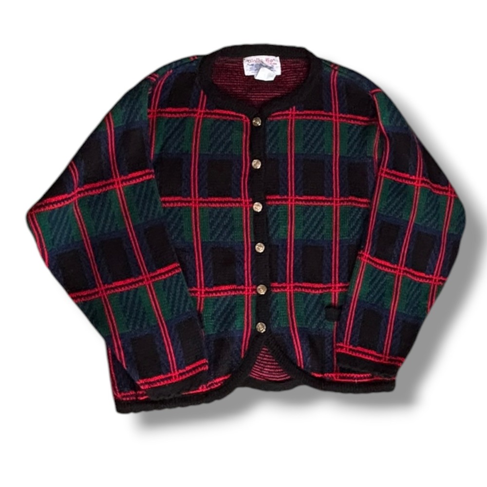 Vintage Plaid Cardigan Sweater Tartan Knit Gold Crest Buttons Preppy Heritage